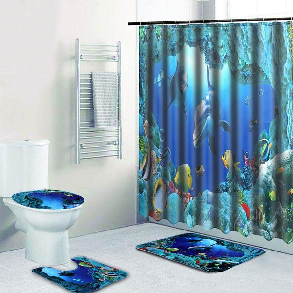 3D Printing Waterproof Shower Curtain Pedestal Rug Toilet Cover Bath Mat Set Bath - DailySale
