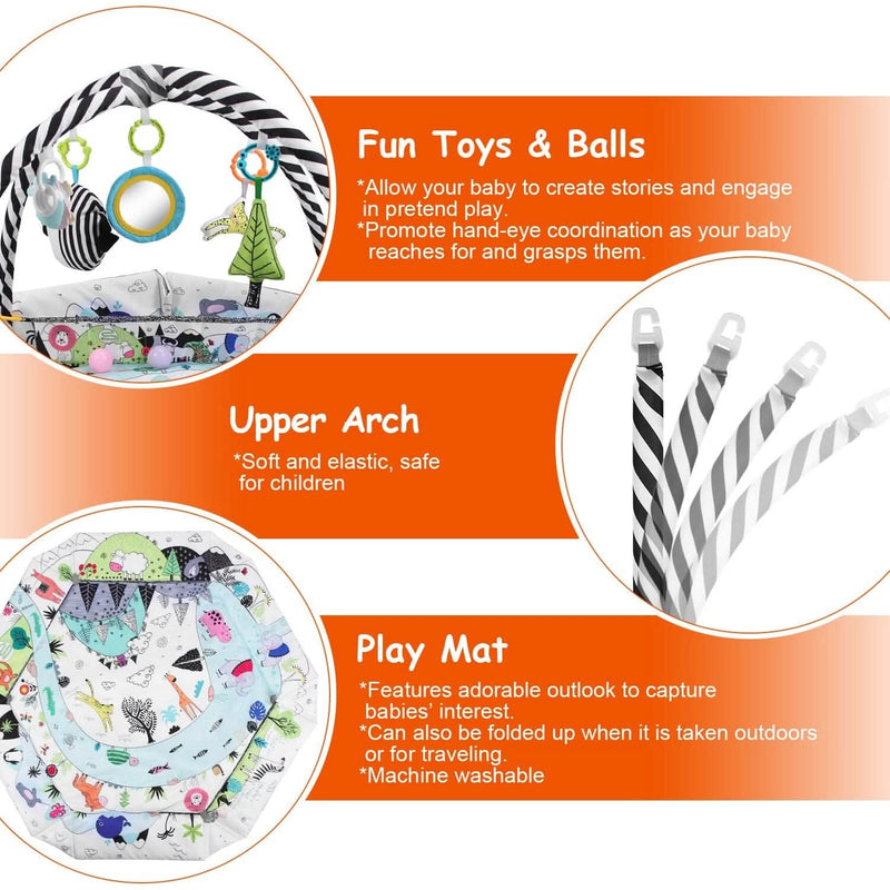 4-in-1 Baby Gym Play Mat Ball Pit with Pillow 18 Balls 9 Toys for 0-3 Years Old Baby - DailySale