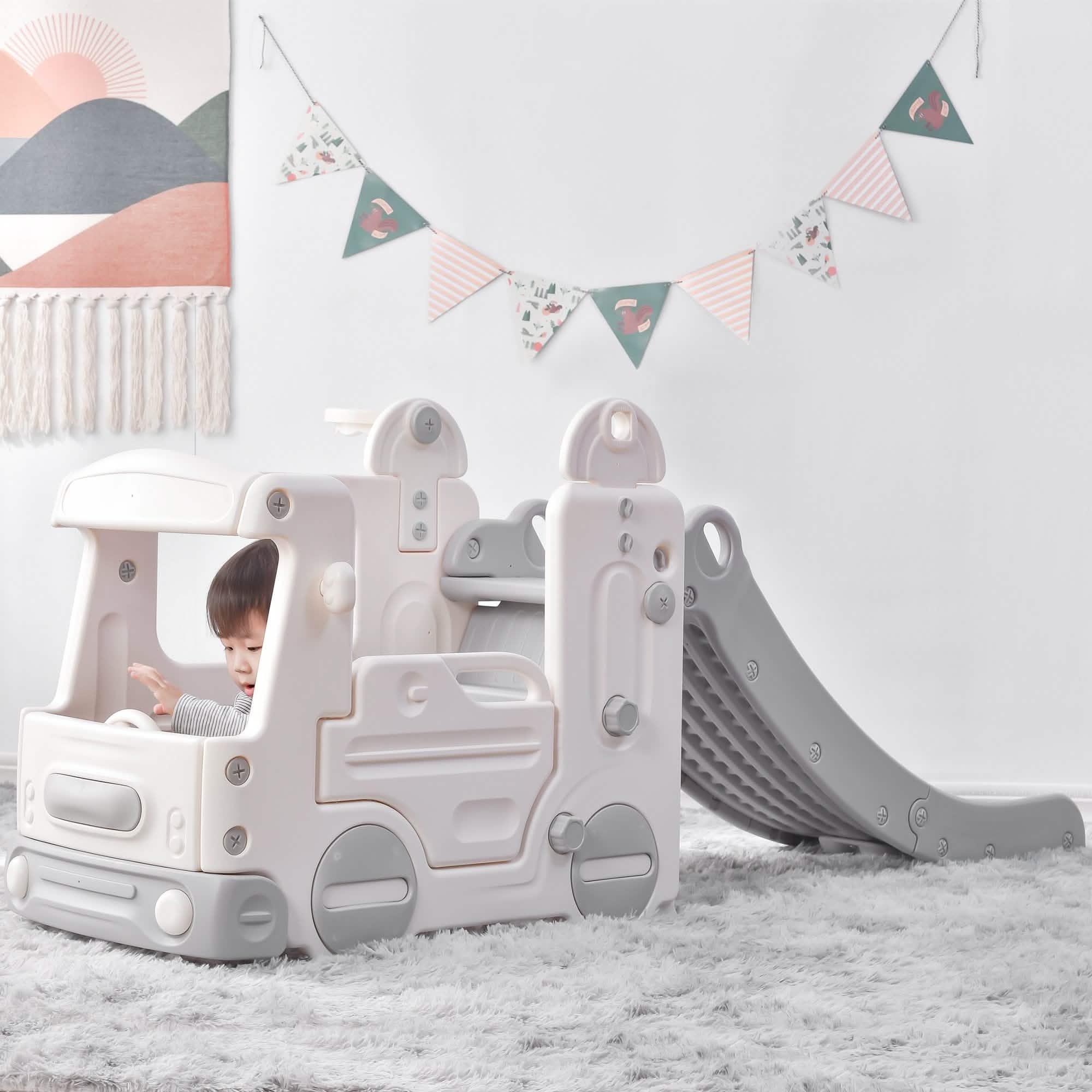 4-in-1 Slide with Bus Climber Slide Set with Basketball Hoop Indoor and Outdoor Toys & Games - DailySale