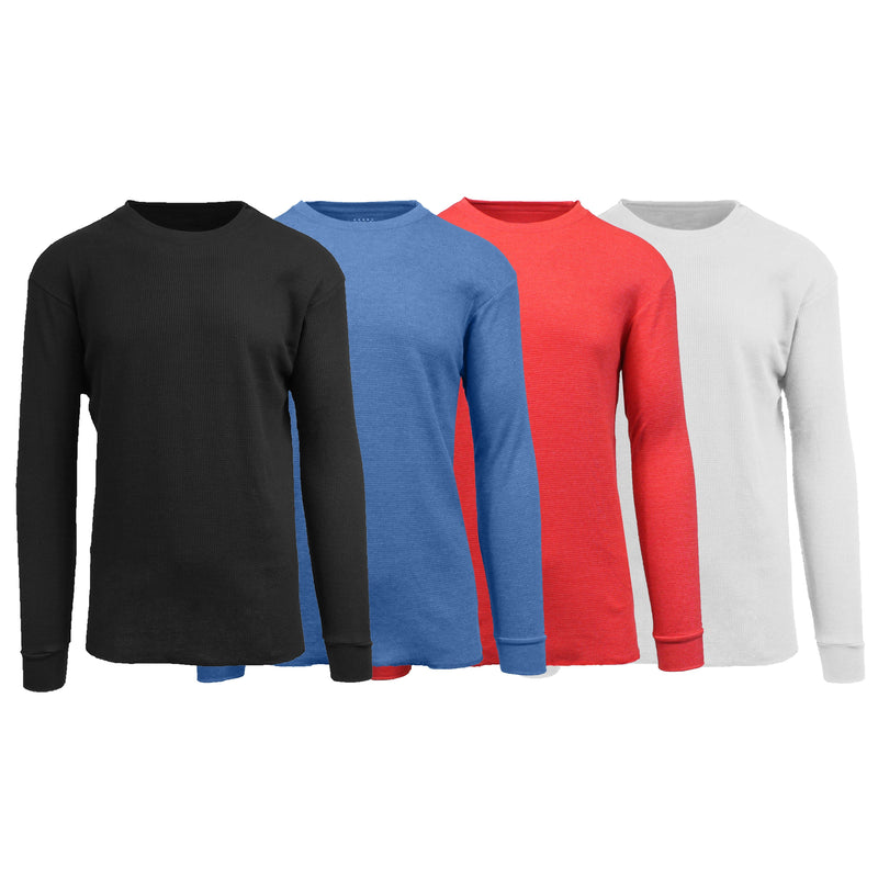 Front view of assorted 4-Pack: Men's Waffle-Knit Thermal Shirts in Black, Heather Blue, Red, and White