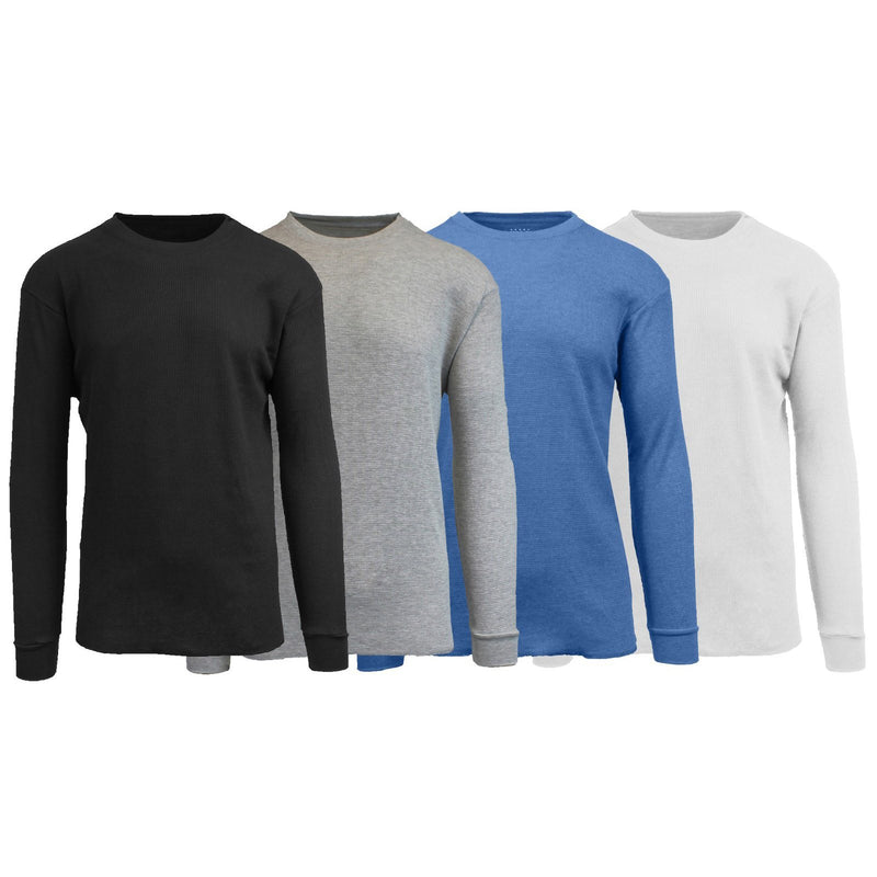 Front view of assorted 4-Pack: Men's Waffle-Knit Thermal Shirts in Black, Heather Gray, Heather Blue, and White