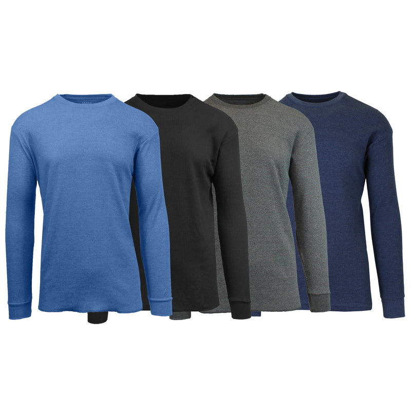 Front view of assorted 4-Pack: Men's Waffle-Knit Thermal Shirts in Heather Blue, Black, Charcoal, and Navy