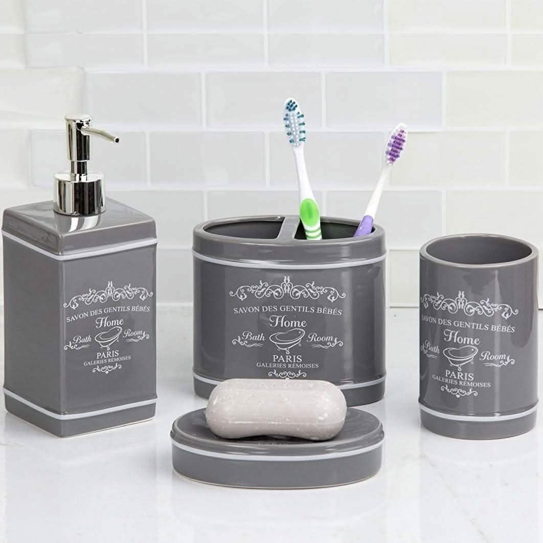 4 Piece Set: Home Basics Paris Collection Bathroom Accessories - Assorted Colors Home Essentials Gray - DailySale