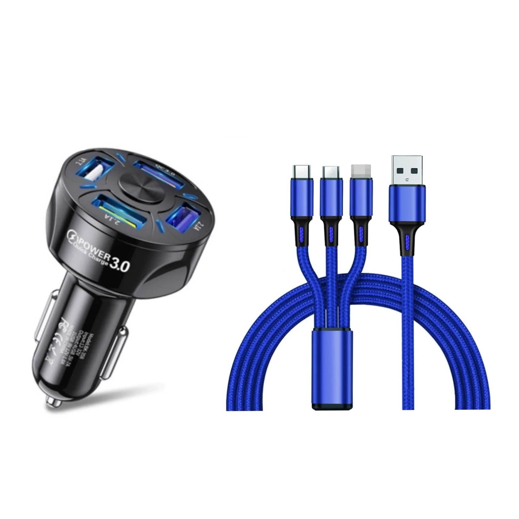 4 Port LED Car Charger + 3 in 1 Cable Combo Automotive Blue - DailySale