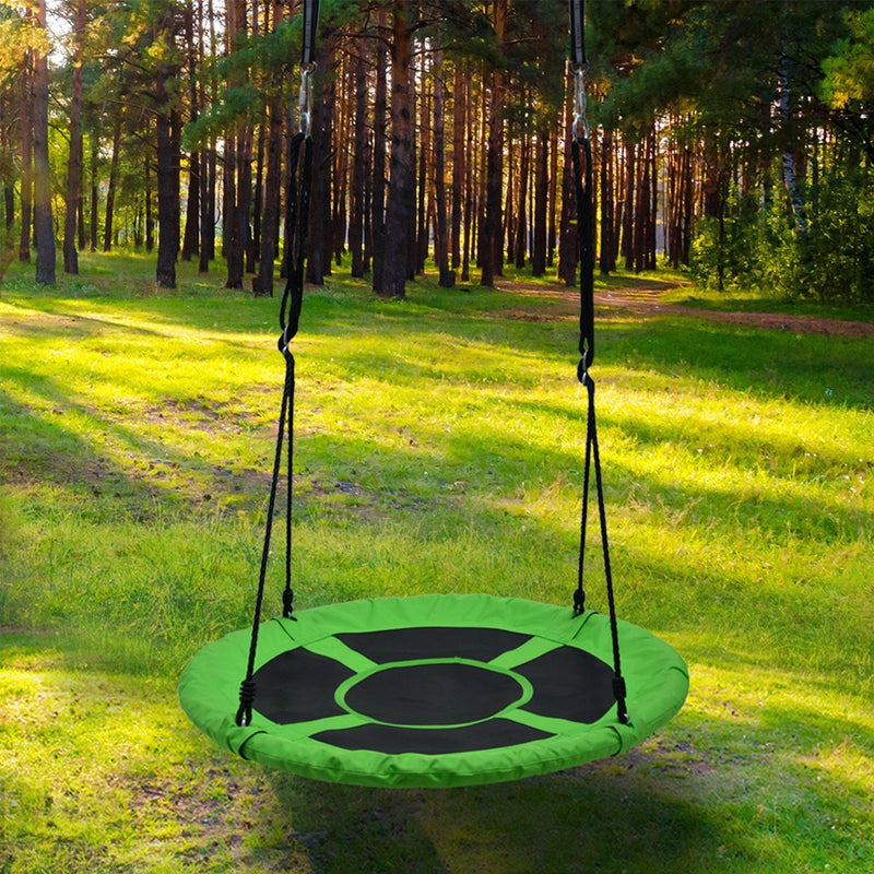 Hanging 40" Flying Saucer Tree Swing Chair Kids Round Hanging Rope Seat in green in a forest