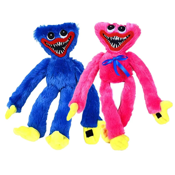 Blue and red Huggy Wuggy Horror Doll Plush Toy sitting side by side, available at Dailysale