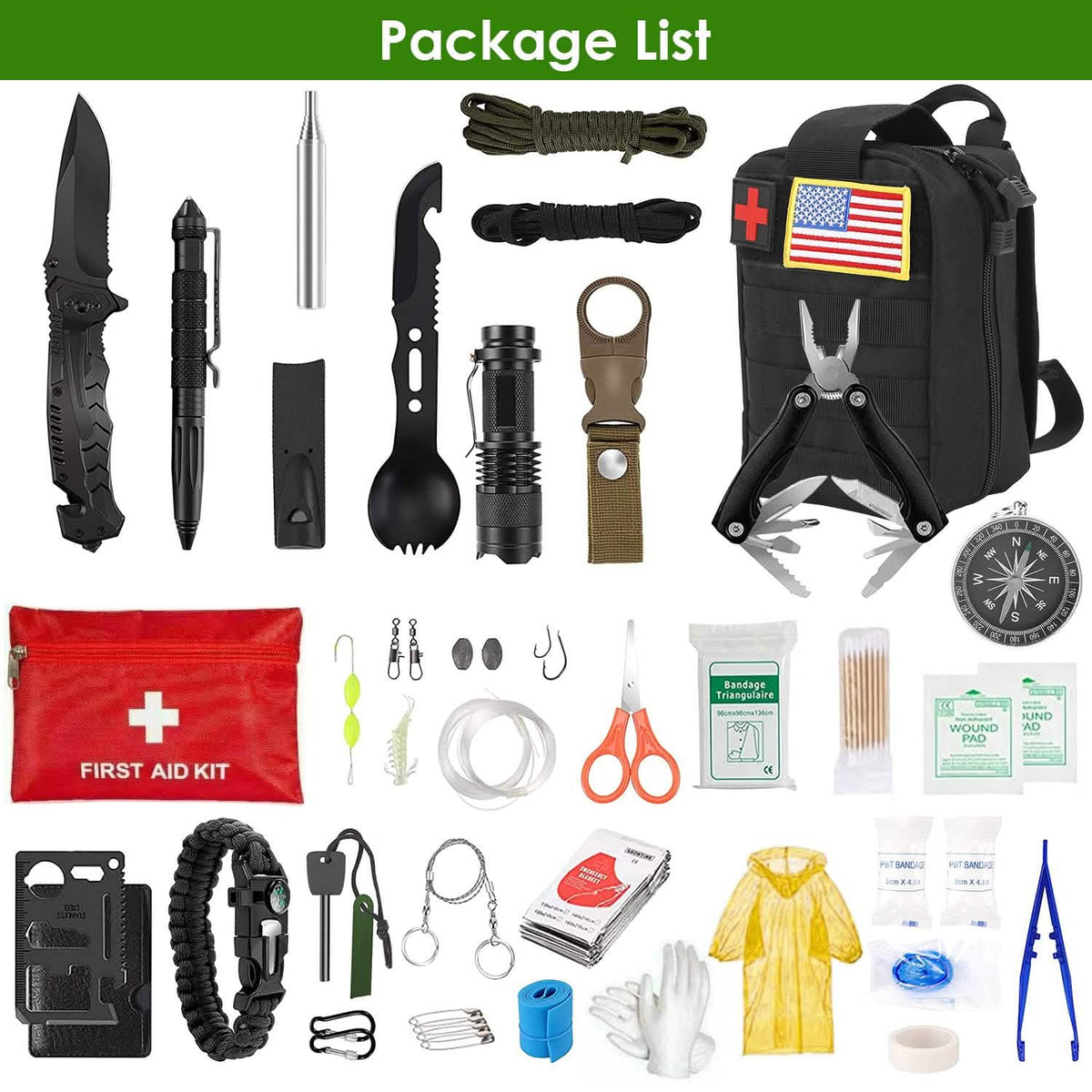 47-Pieces: Emergency Survival Kit EDC Gear Equipment Tool with Pouch Sports & Outdoors - DailySale