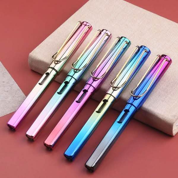 5-Pack: Fashion Color Student Office Fountain Pen School Stationery Supplies Ink Pens lined up on a notebook