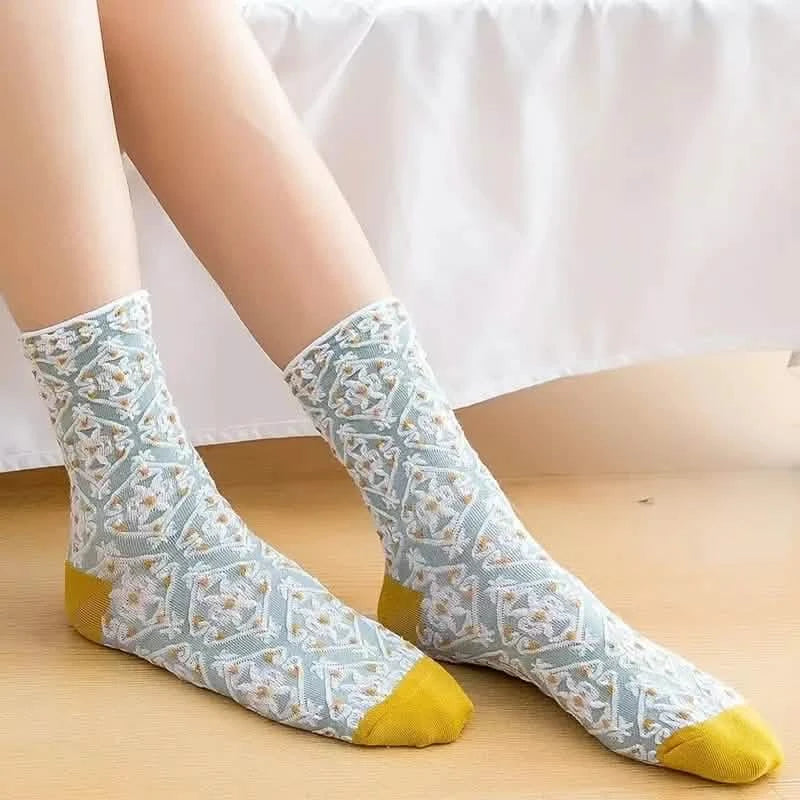 5-Pairs: Flower Geometric 3D Textured Ankle Cotton Blend Cottage Core Lucky Socks Women's Shoes & Accessories - DailySale