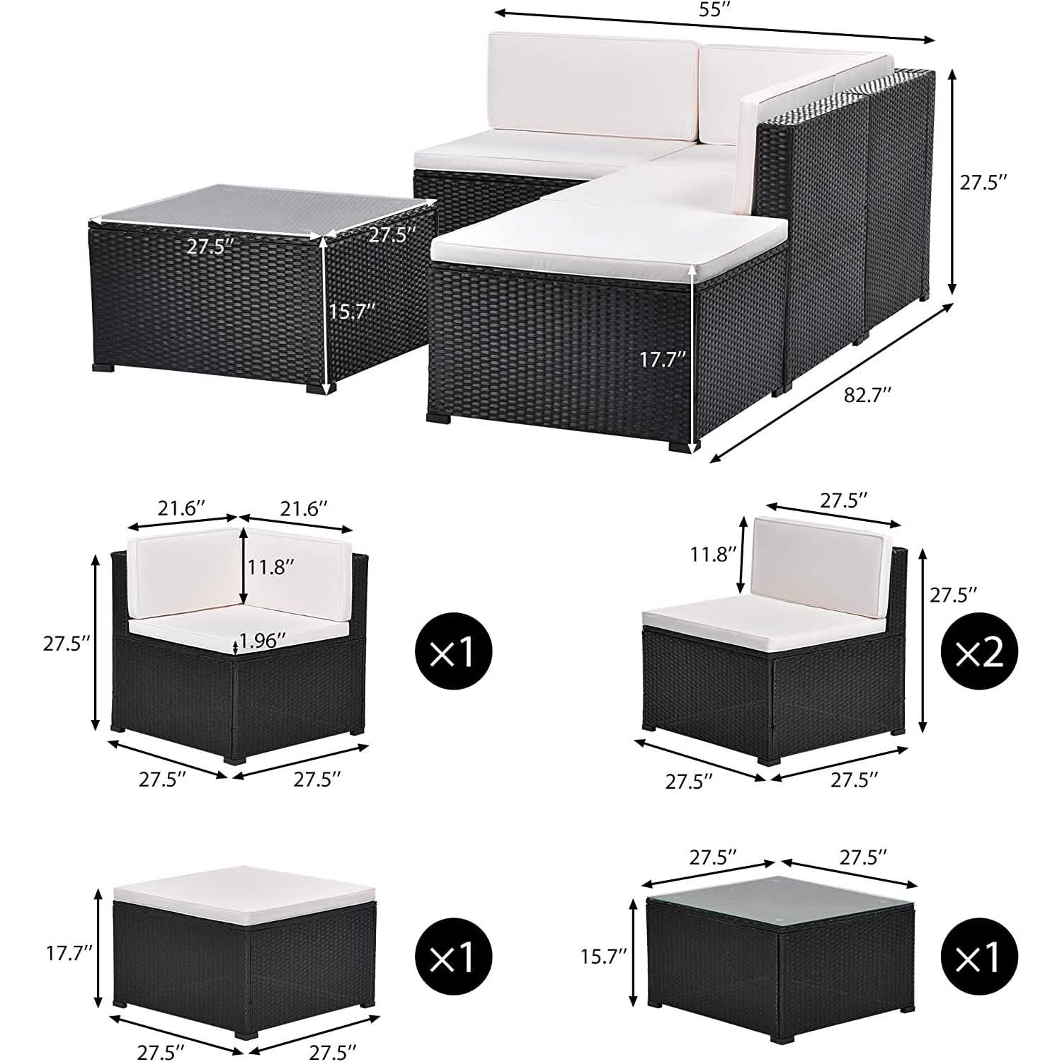 5-Piece: Patio Rattan PE Wicker Furniture Corner Sofa Set Furniture & Decor - DailySale