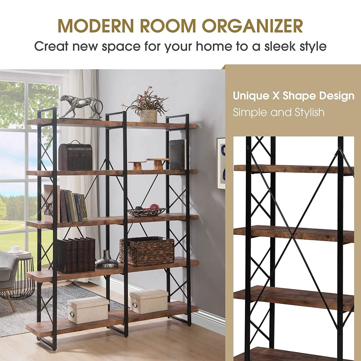 5-Tier Bookcase Industrial Bookshelf Furniture & Decor - DailySale