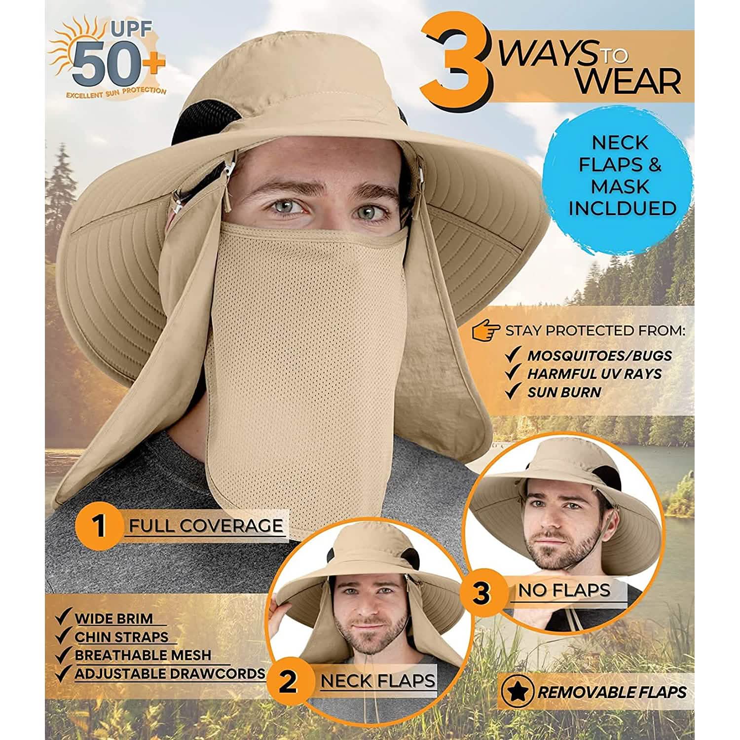 50+ Sun Protection Cap Wide Brim Fishing Hat with Face & Neck Flap Men's Shoes & Accessories - DailySale