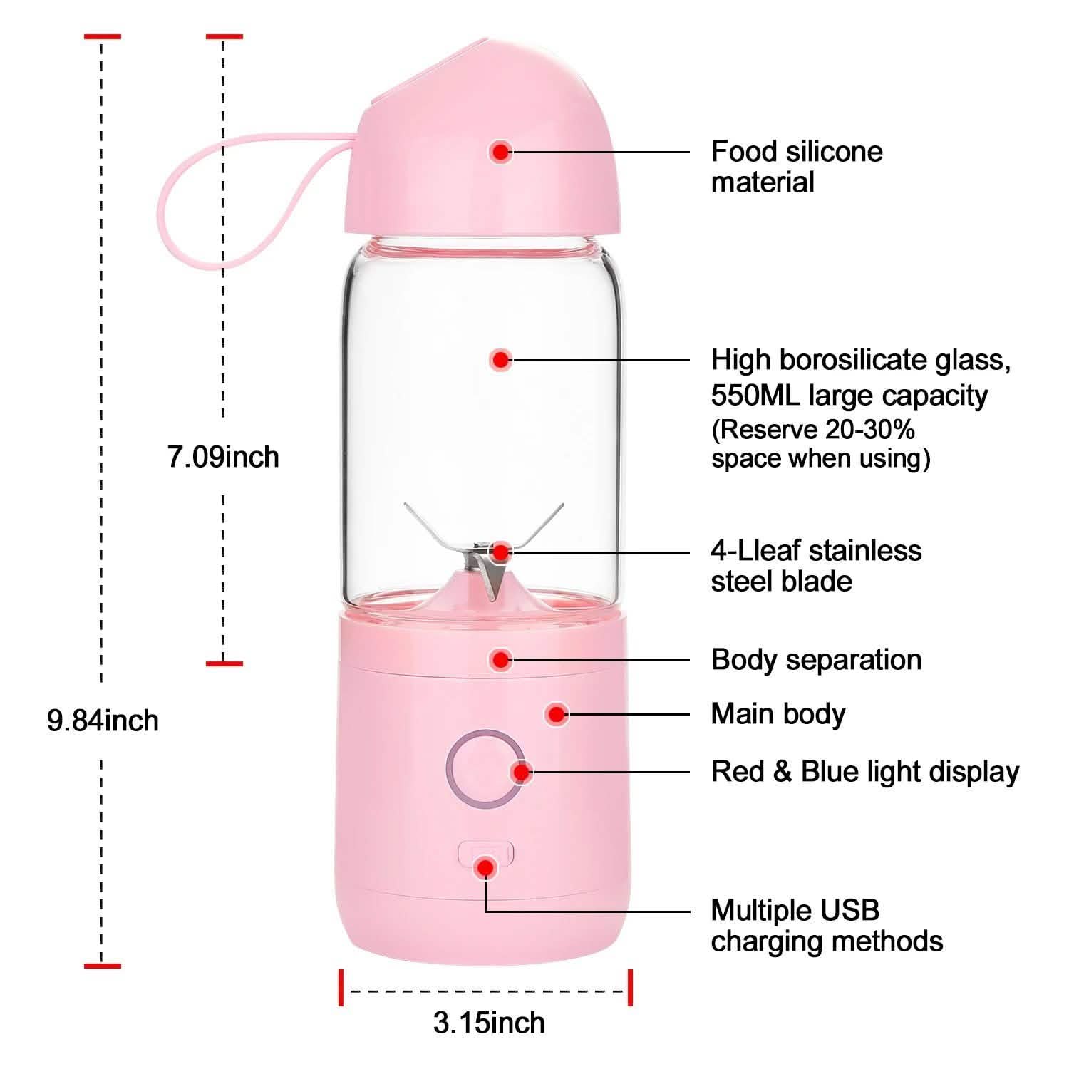 550ML USB Portable Mixer Rechargeable Juicer Fruit Blender Juicer Shaker Bottle Kitchen & Dining - DailySale