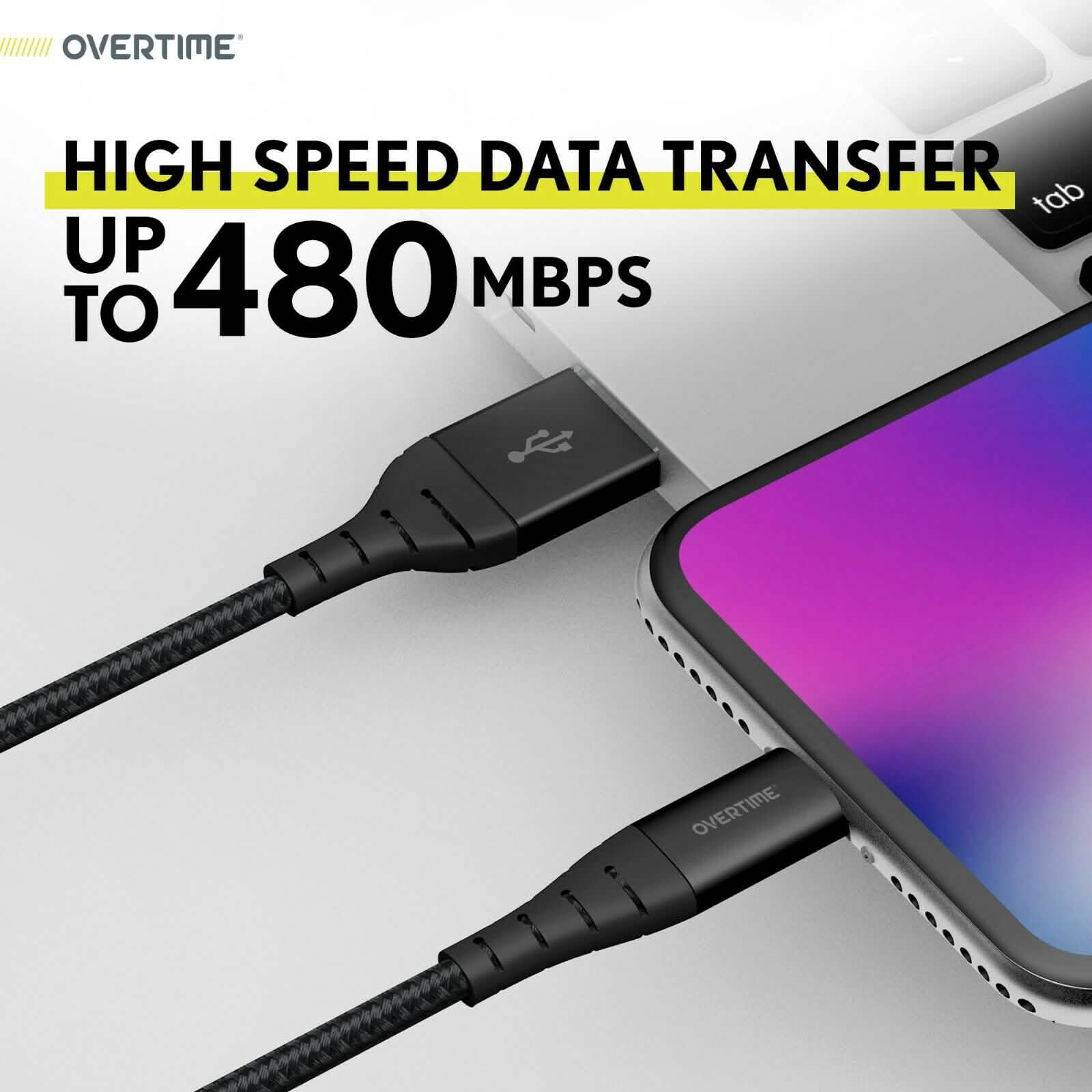 6 Ft. Overtime USB Type C Premium Braided Cable Fast Rapid Charging USB Cable Black Mobile Accessories - DailySale