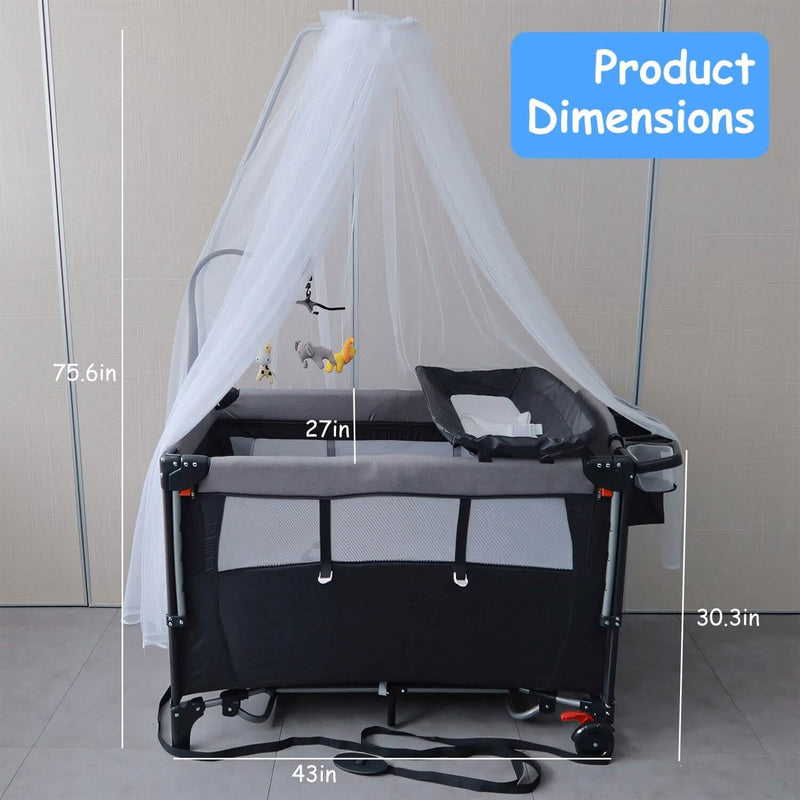 6-in-1 Foldable Baby Crib with Activity Center Diaper Changing Table Baby - DailySale