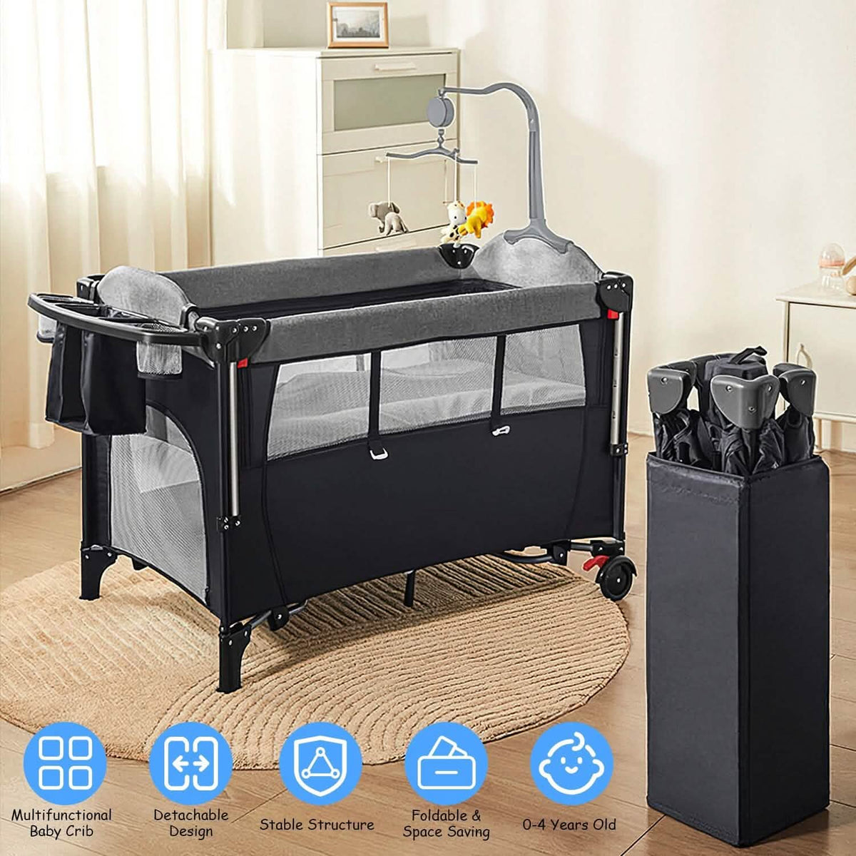 6-in-1 Foldable Baby Crib with Activity Center Diaper Changing Table Baby - DailySale