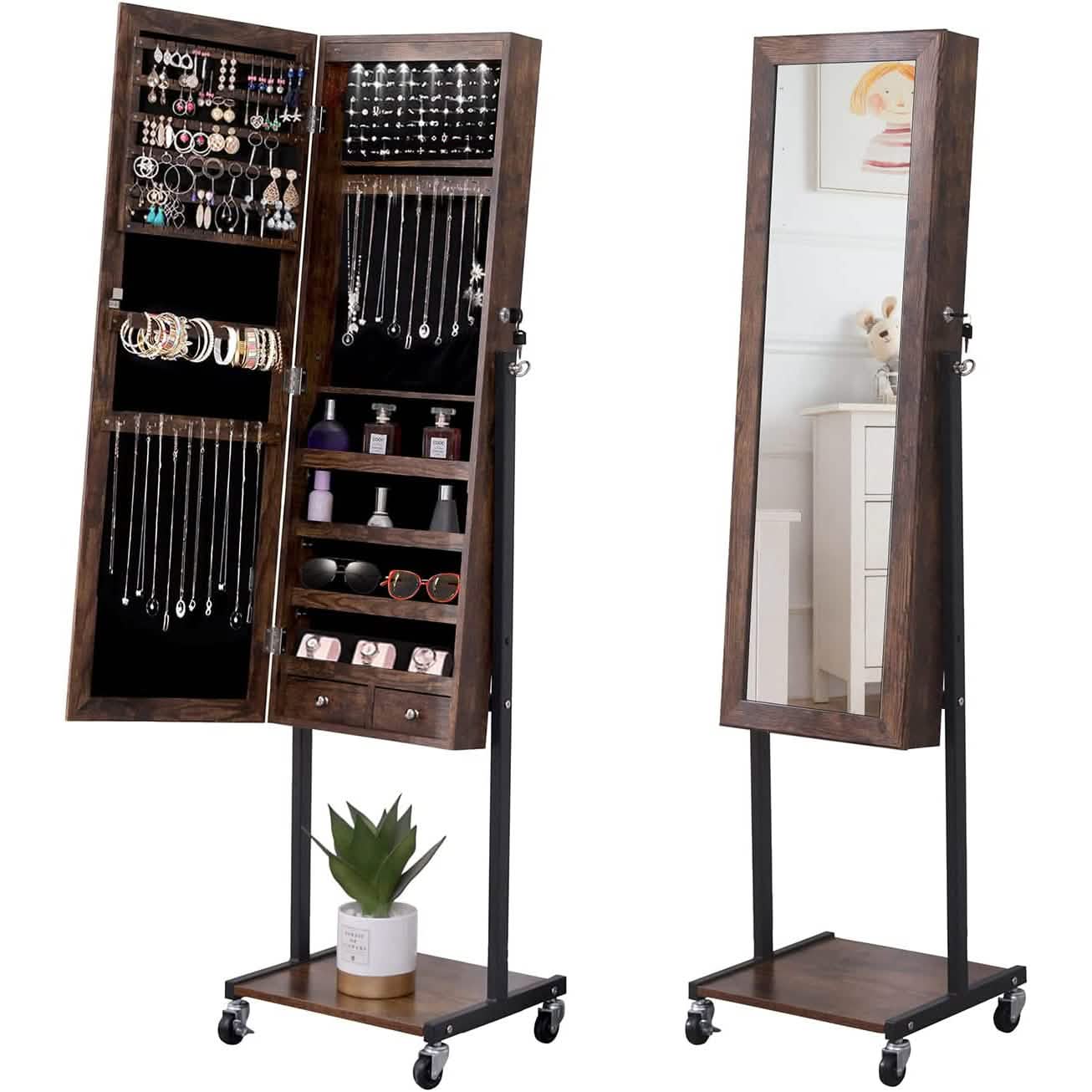 6 LEDs Mirror Jewelry Cabinet Armoire with Wheels Furniture & Decor Antique Gray - DailySale