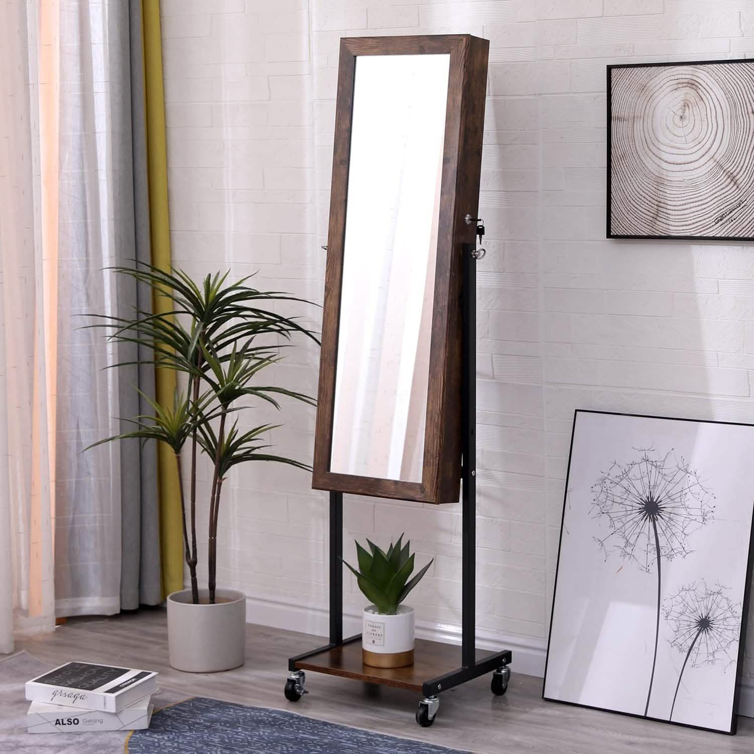 6 LEDs Mirror Jewelry Cabinet Armoire with Wheels Furniture & Decor - DailySale