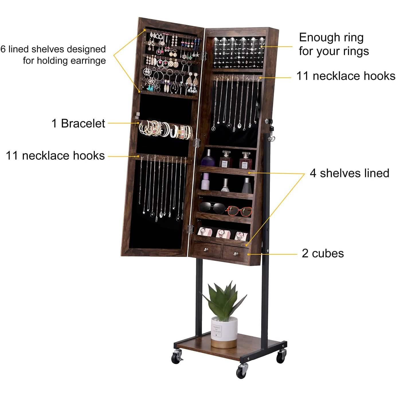 6 LEDs Mirror Jewelry Cabinet Armoire with Wheels Furniture & Decor - DailySale