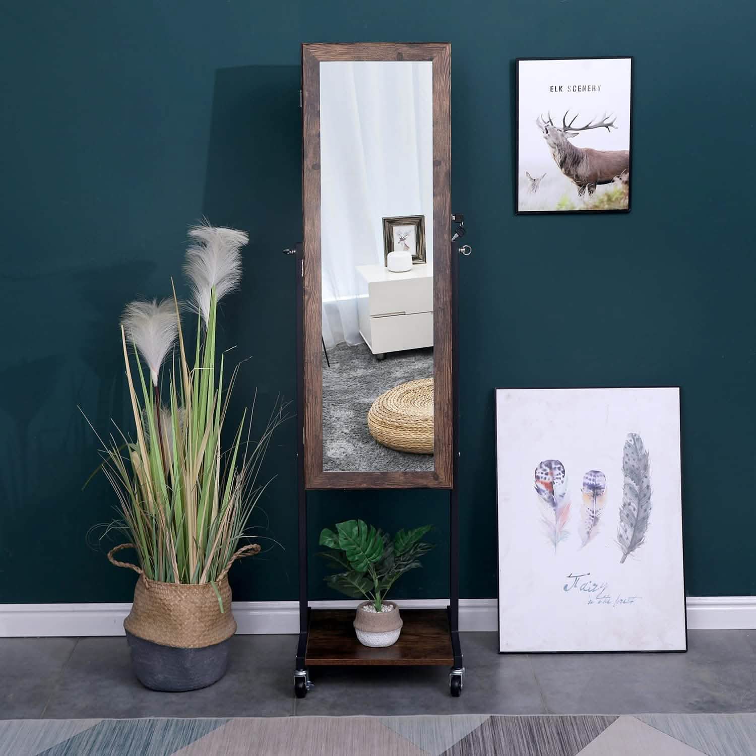 6 LEDs Mirror Jewelry Cabinet Armoire with Wheels Furniture & Decor - DailySale