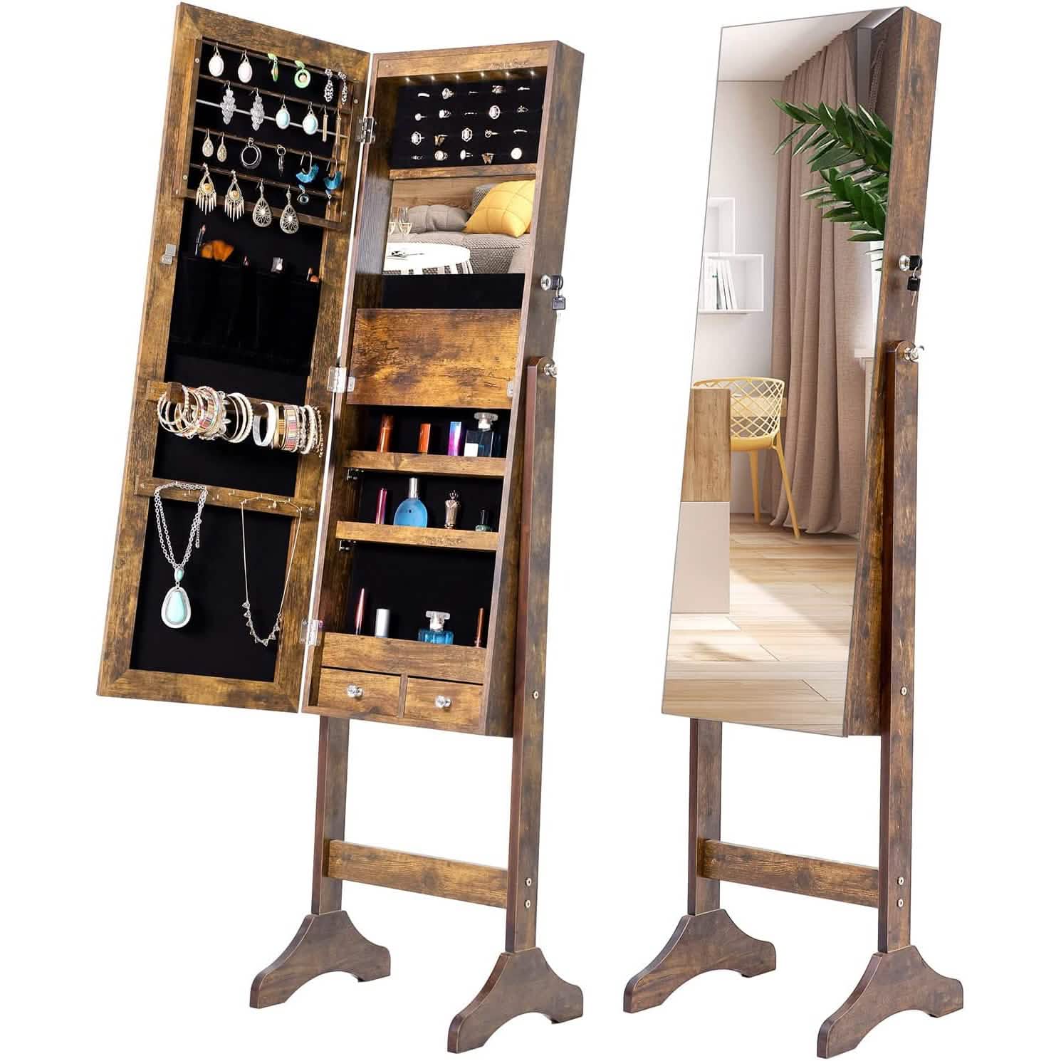 6 LEDs Mirror Jewelry Cabinet Armoire with Wheels Furniture & Decor Gray - DailySale