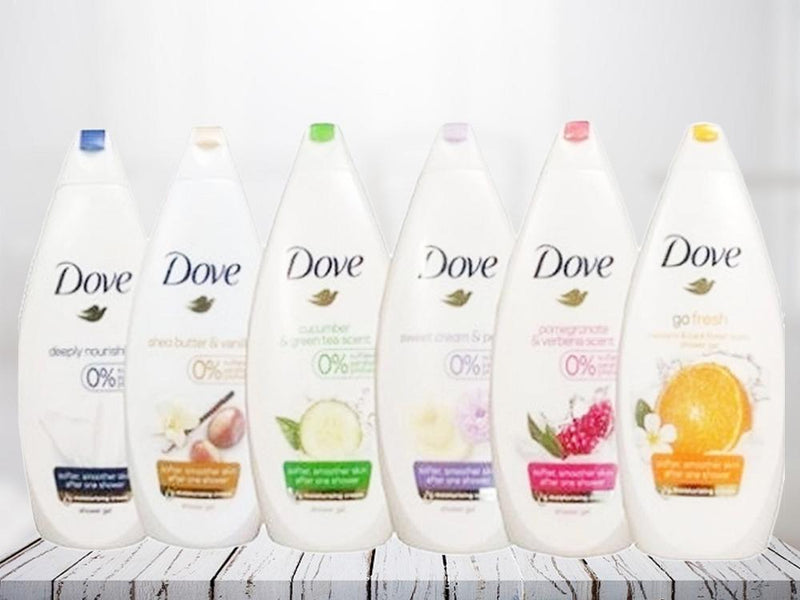 6-Pack Dove Body Wash Shower Gel on white wooden table