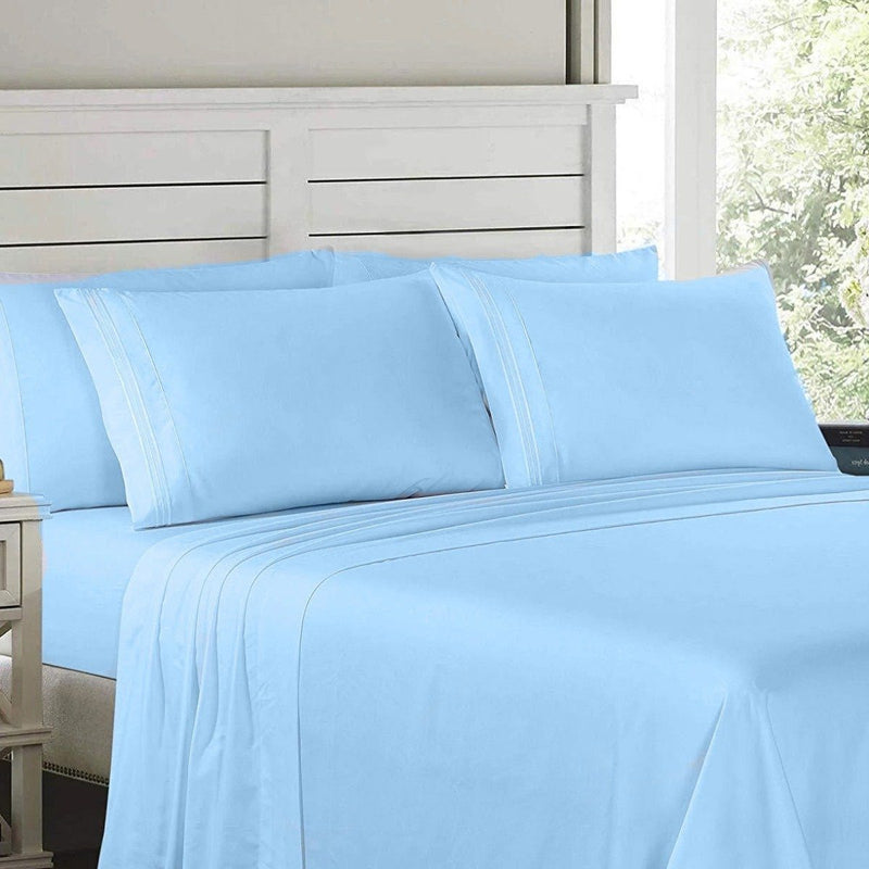 6-Piece Lux Decor Collection 1800 Series Sheets Set laid out on a bed shown in blue
