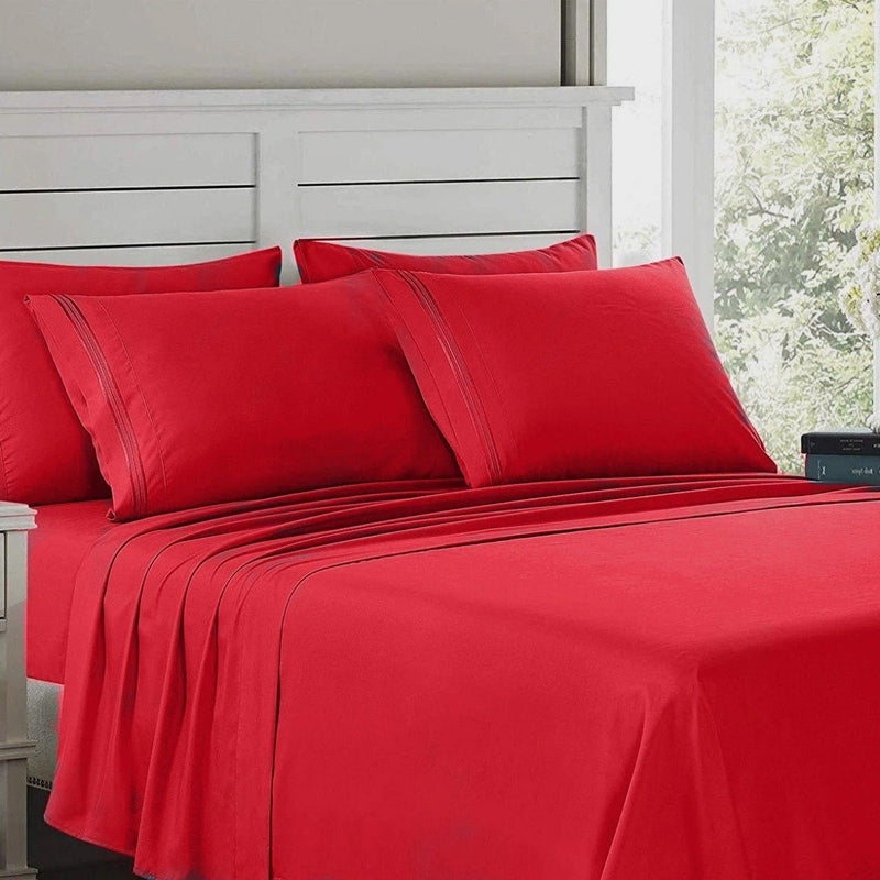 6-Piece Lux Decor Collection 1800 Series Sheets Set laid out on a bed shown in red