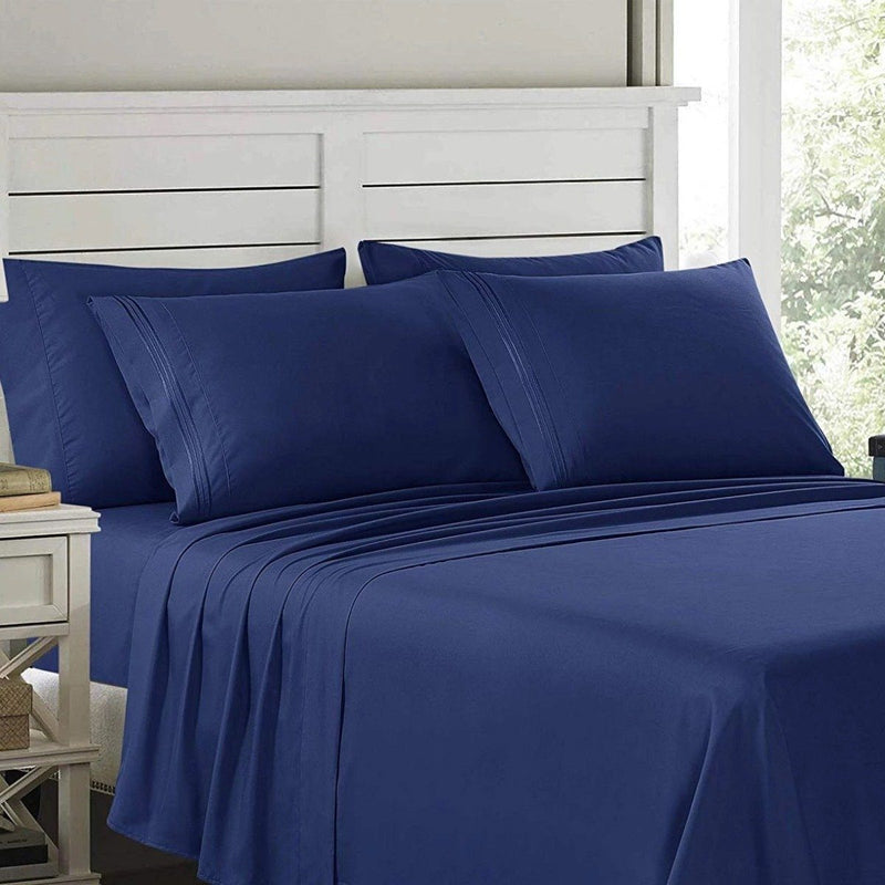 6-Piece Lux Decor Collection 1800 Series Sheets Set laid out on a bed shown in navy blue