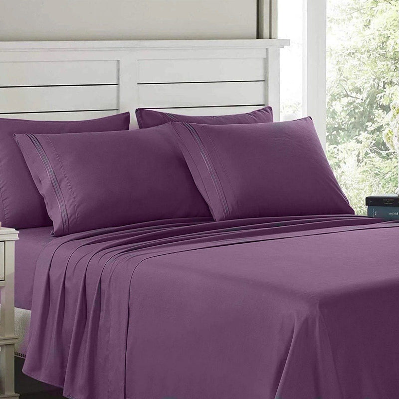 6-Piece Lux Decor Collection 1800 Series Sheets Set laid out on a bed shown in purple