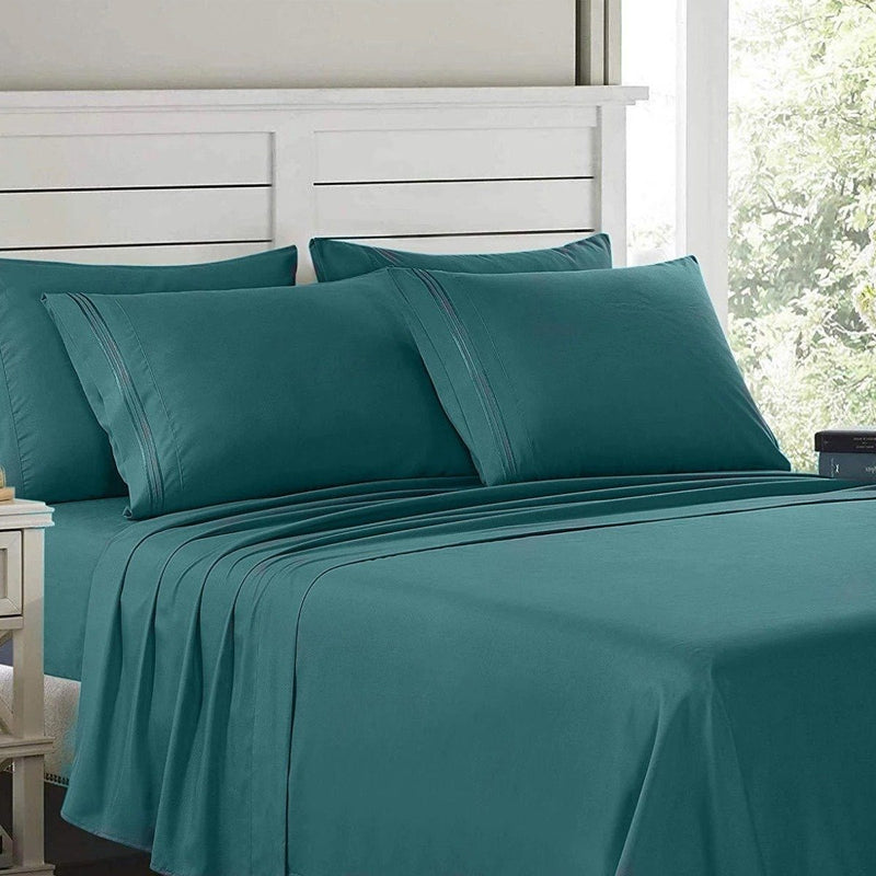 6-Piece Lux Decor Collection 1800 Series Sheets Set laid out on a bed shown in teal