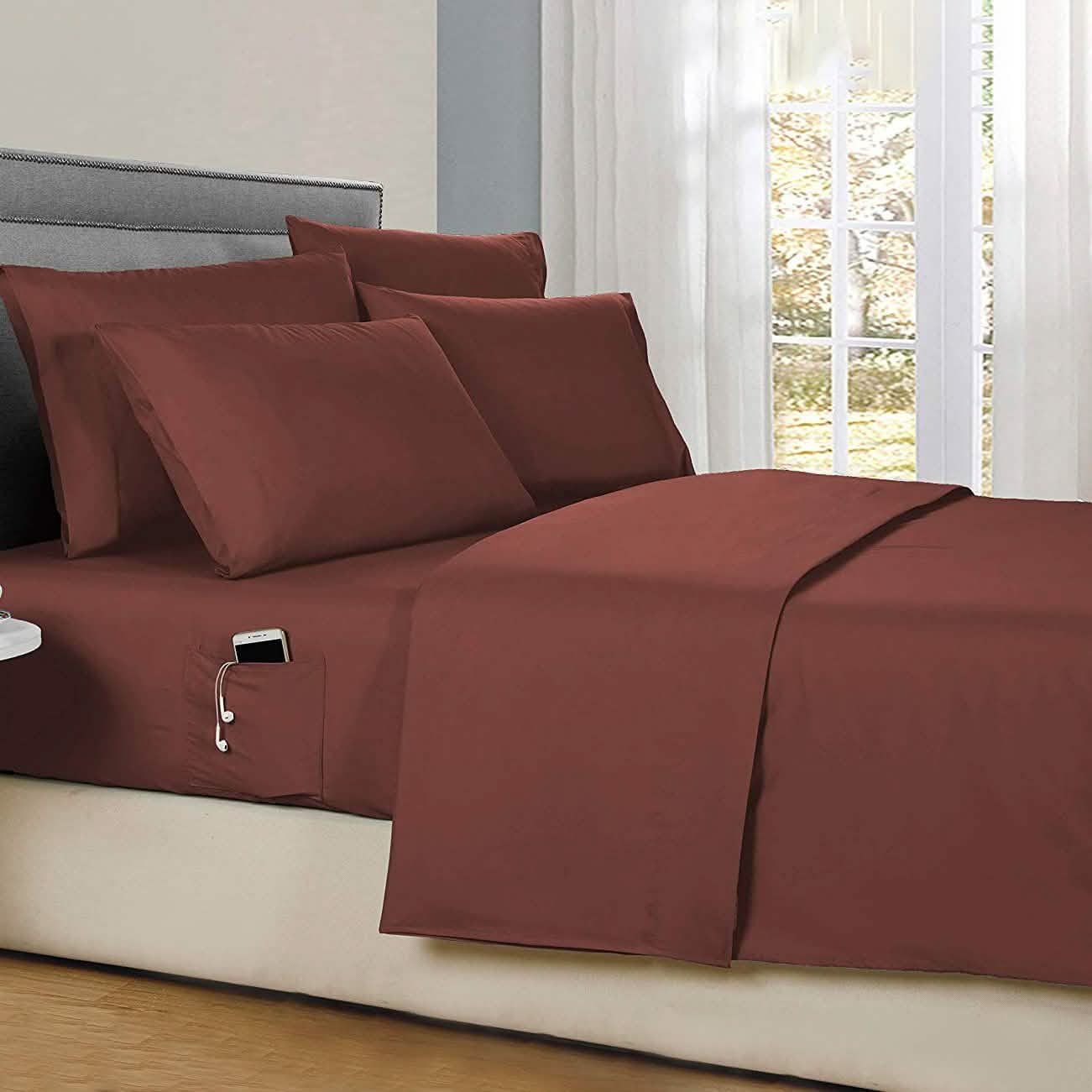6-Piece: Solid with Side Pockets Sheet Set in Full Bedding Chocolate - DailySale