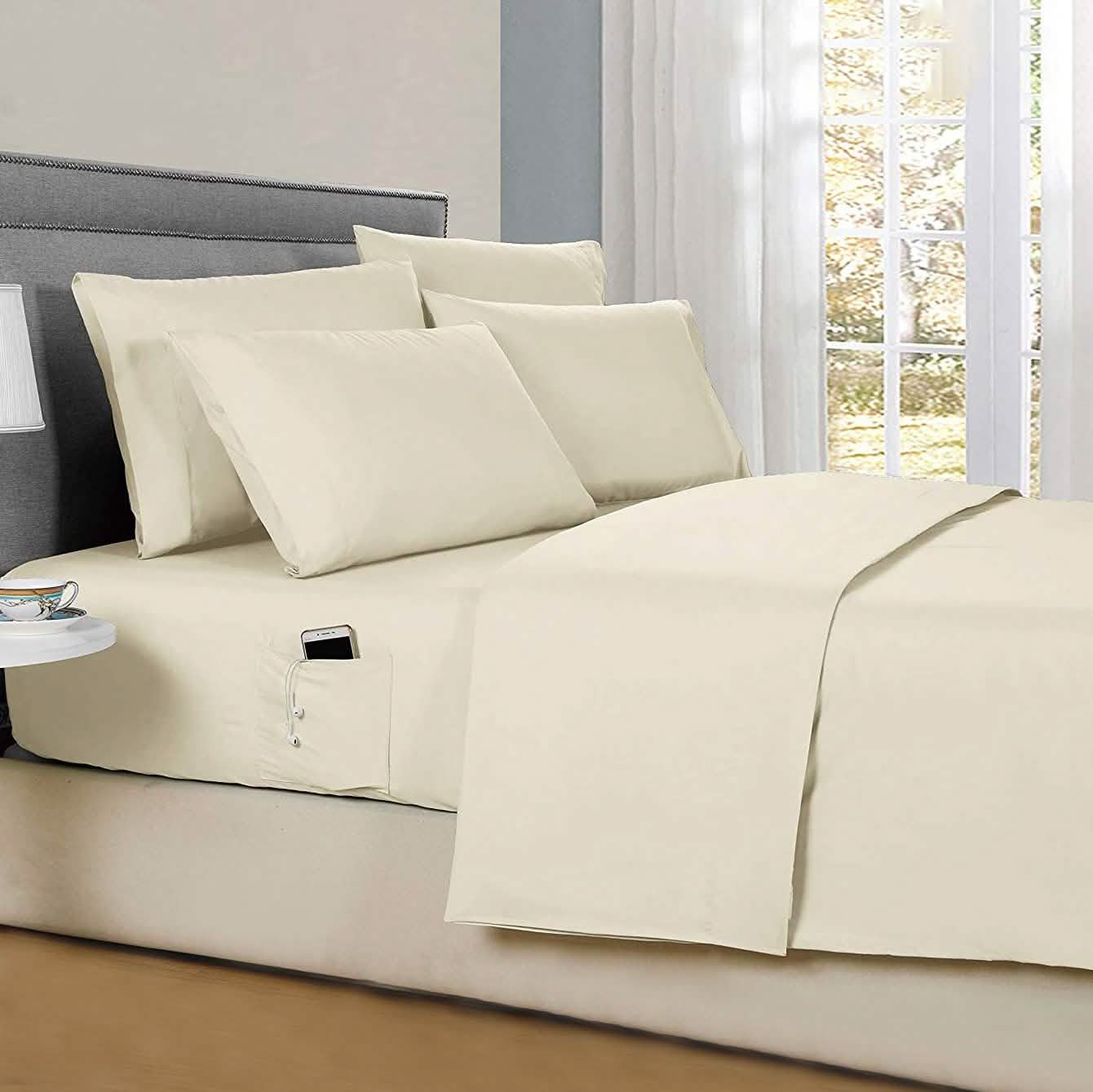 6-Piece: Solid with Side Pockets Sheet Set in Full Bedding Cream - DailySale