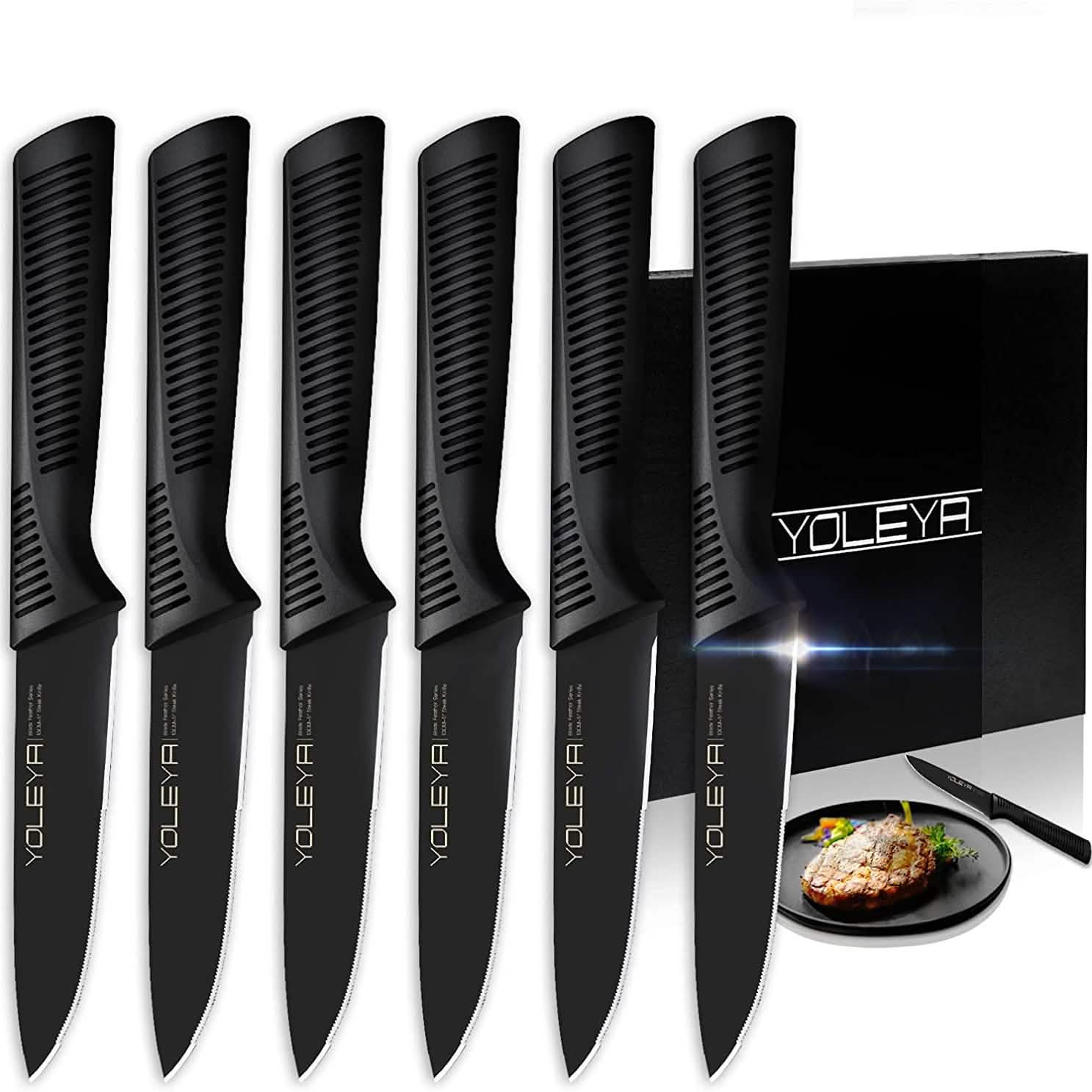 6-Pieces Set: YOLEYA High Carbon German Stainless Steel Black Serrated Steak Knife Set Kitchen Tools & Gadgets - DailySale