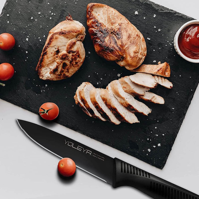 6-Pieces Set: YOLEYA High Carbon German Stainless Steel Black Serrated Steak Knife Set Kitchen Tools & Gadgets - DailySale