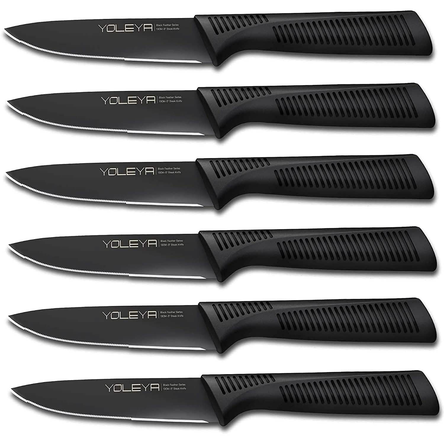 6-Pieces Set: YOLEYA High Carbon German Stainless Steel Black Serrated Steak Knife Set Kitchen Tools & Gadgets - DailySale