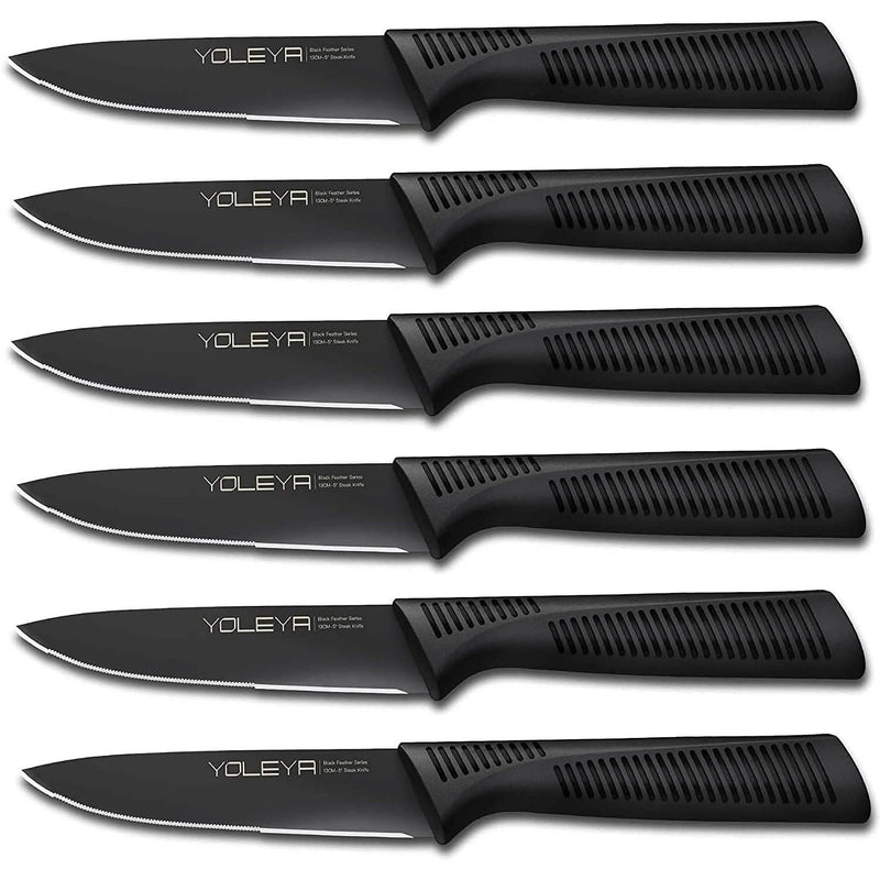 6-Pieces Set: YOLEYA High Carbon German Stainless Steel Black Serrated Steak Knife Set Kitchen Tools & Gadgets - DailySale