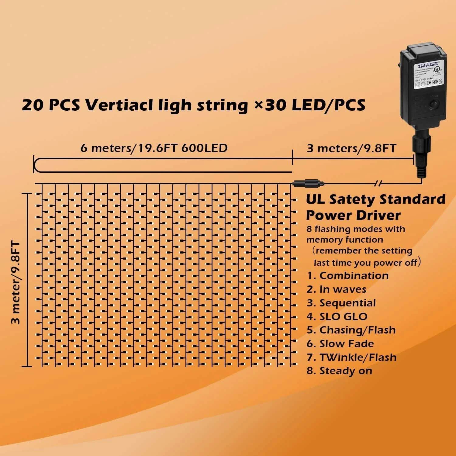 600 LED 9.8 x 19.6 FT. LED Curtain Lights with 8 Light Modes and Memory Function Lighting & Decor - DailySale