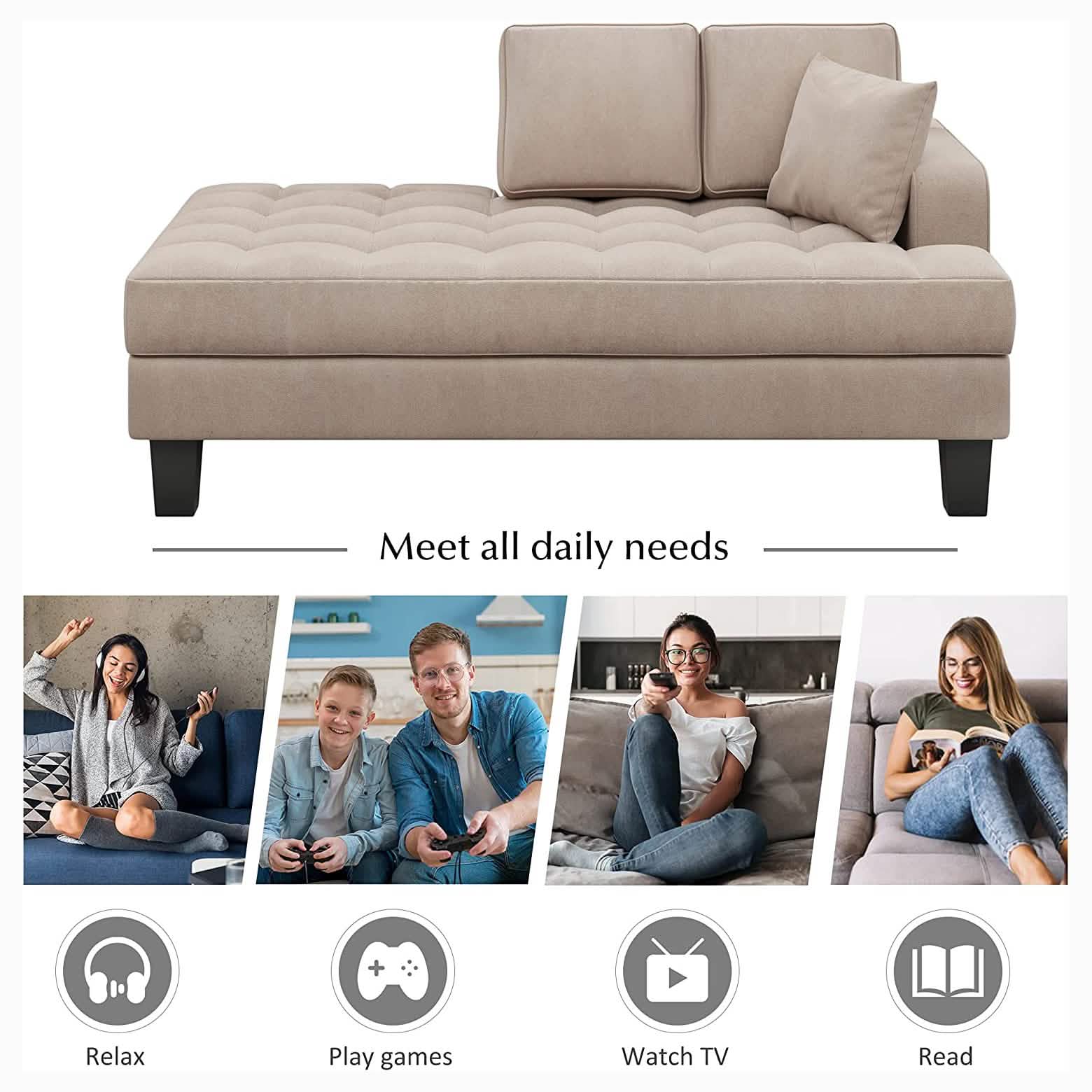 64" Deep Tufted Upholstered Textured Fabric Chaise Lounge Toss Pillow Included Furniture & Decor - DailySale