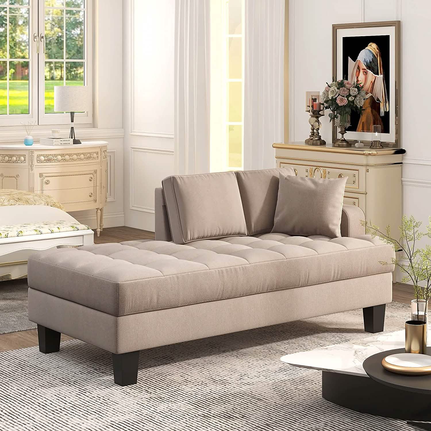 64" Deep Tufted Upholstered Textured Fabric Chaise Lounge Toss Pillow Included Furniture & Decor - DailySale