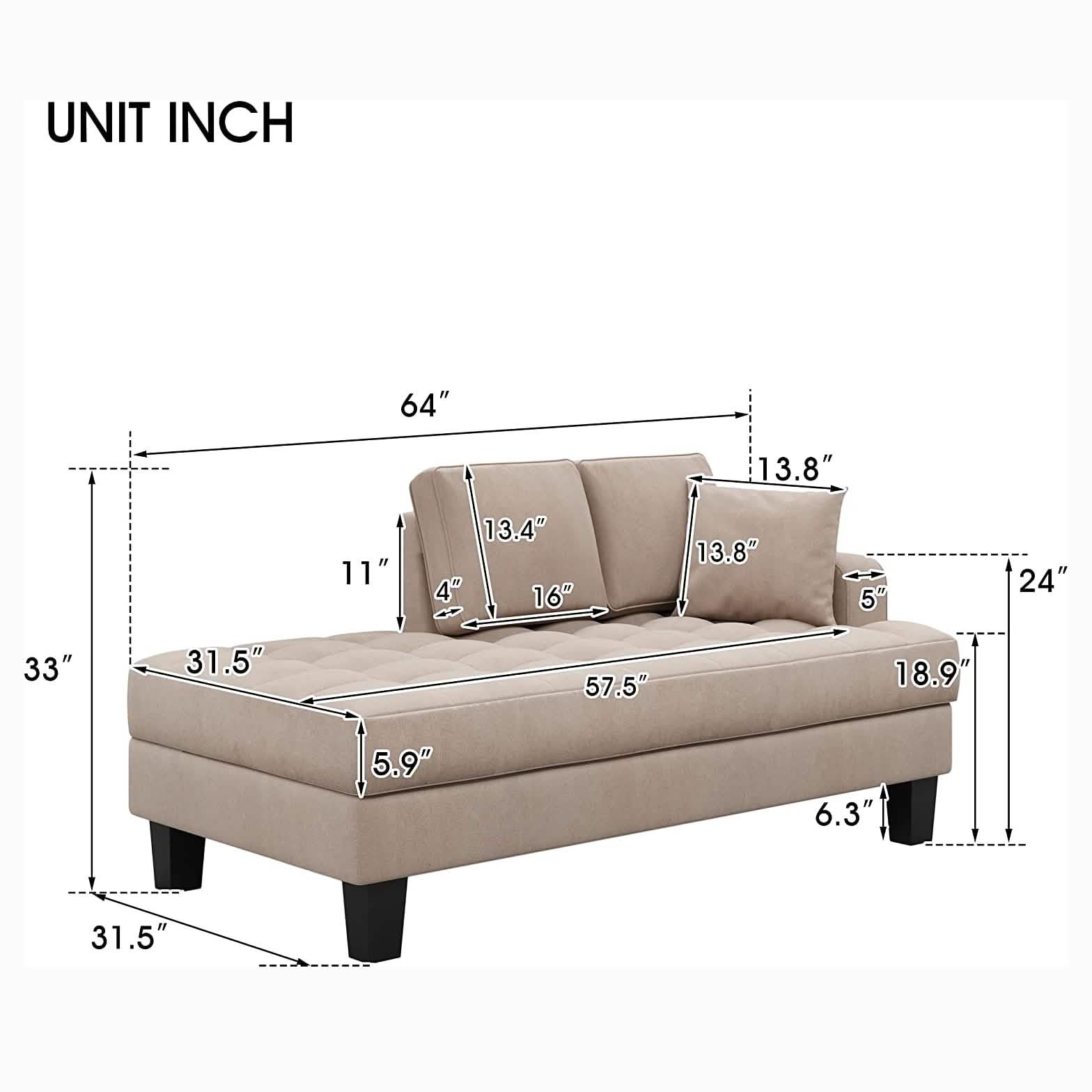 64" Deep Tufted Upholstered Textured Fabric Chaise Lounge Toss Pillow Included Furniture & Decor - DailySale