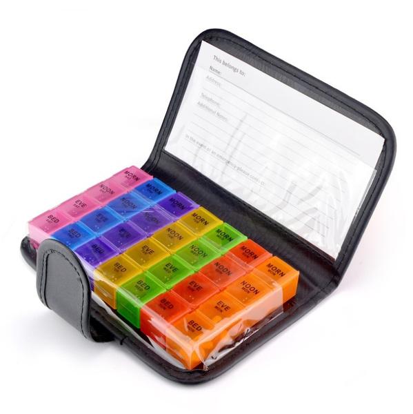 7 Day Extra Large Pill Organizer with Cute Travel Case displayed with case open
