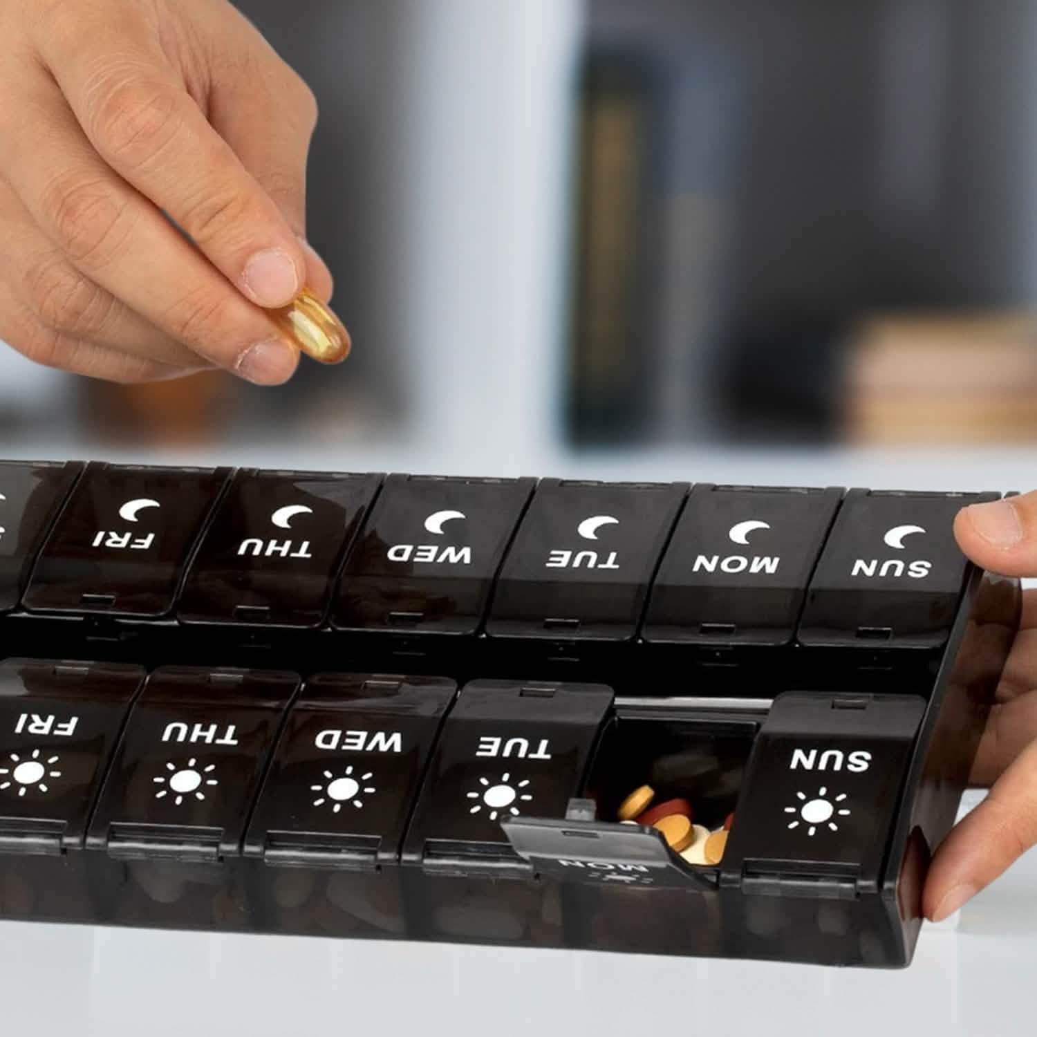 7-Day Push Button Pill, Medicine, Vitamin Organizer with AM/PM Large Compartments Wellness - DailySale