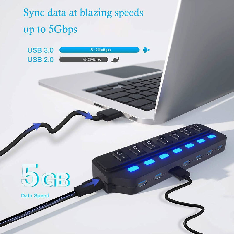 7 Port USB Data Hub 3.0 with Individual On/Off Switches and Lights Computer Accessories - DailySale