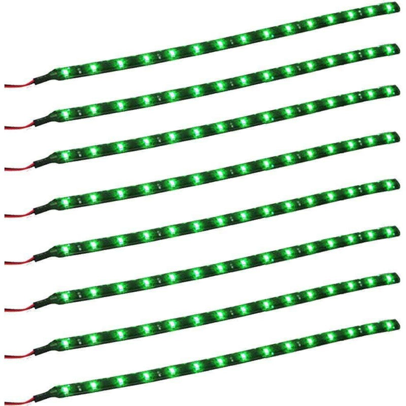 8-Piece Flexible Waterproof green LED Strip Light for Car laid out on a white surface