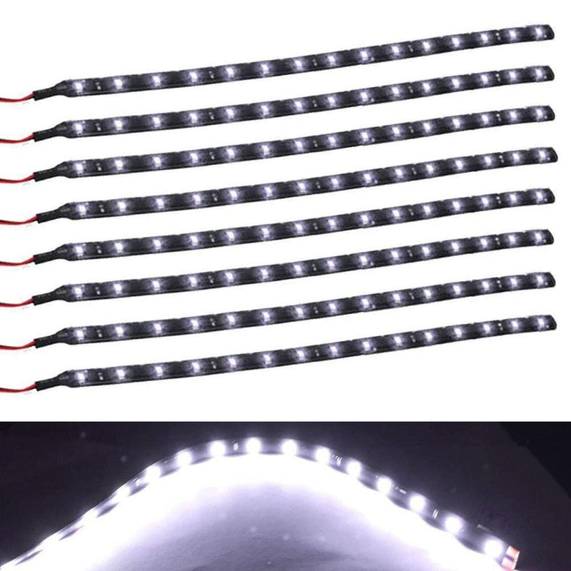 8-Piece Flexible Waterproof white LED Strip Light for Car laid out on a white surface