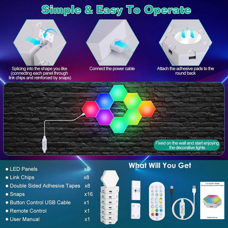8-Piece: Hexagon Light Panels RGBW Colorful Splicing Wall Lamps Indoor Lighting - DailySale