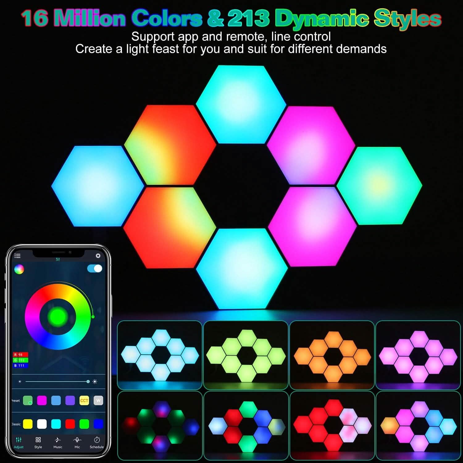 8-Piece: Hexagon Light Panels RGBW Colorful Splicing Wall Lamps Indoor Lighting - DailySale