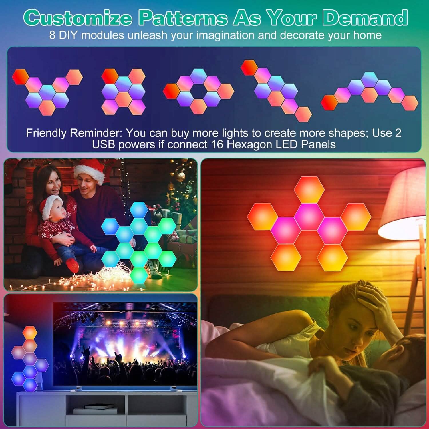 8-Piece: Hexagon Light Panels RGBW Colorful Splicing Wall Lamps Indoor Lighting - DailySale