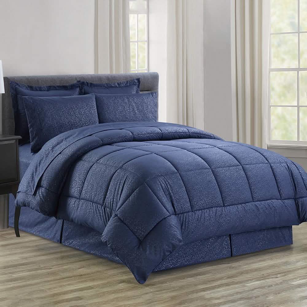 8-Piece: Plazatex Vine Microfiber Comforter Bed in A Bag Set Bed & Bath Queen Navy - DailySale